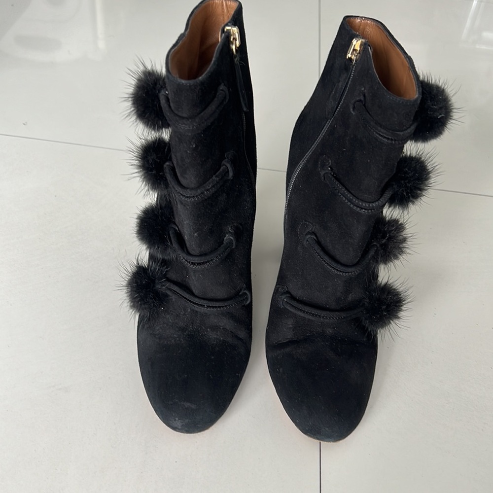 Aquazzura Black Ankle Boots with Pom Poms - Picture 2 of 6